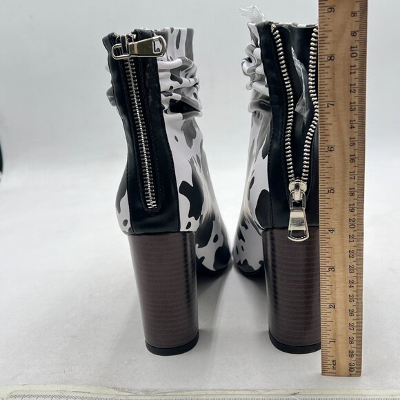 FSJ Black Cow Peep Toe Slouch Ankle Boots Chunky Stacked Heels Party Prom Shoes - Picture 4 of 7